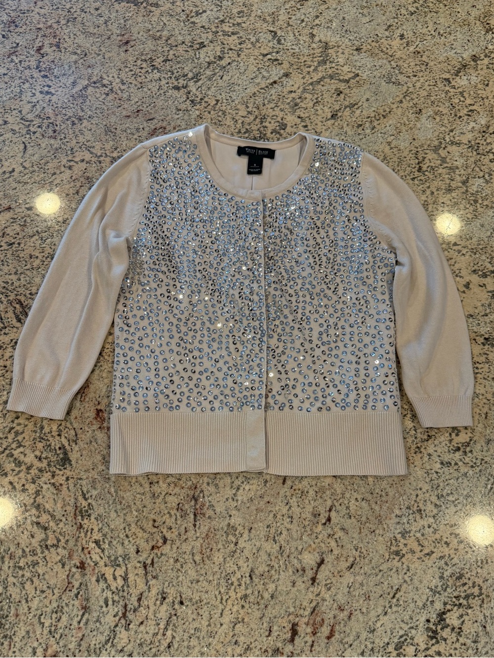 White House Black Market Cream Sequin-Embellished 3/4 Slv Cardigan